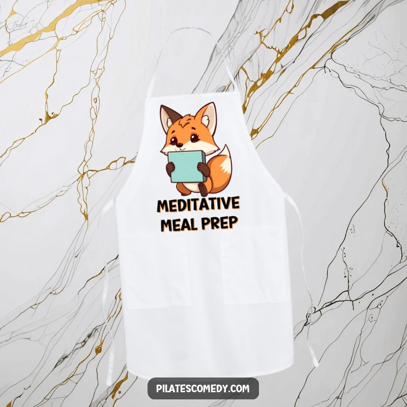 Funny fox apron featuring a curious character holding a yoga block, ideal for cooking or baking with a peaceful and humorous twist.