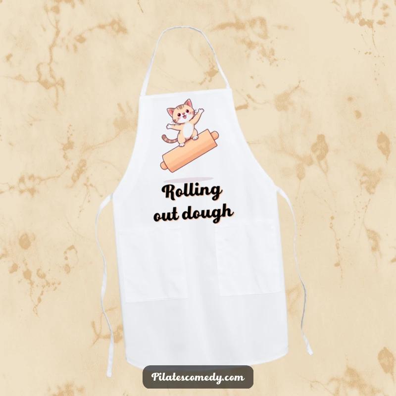 Funny cat wearing an apron, precariously balancing on a roller while in the kitchen, adding humorous flair.