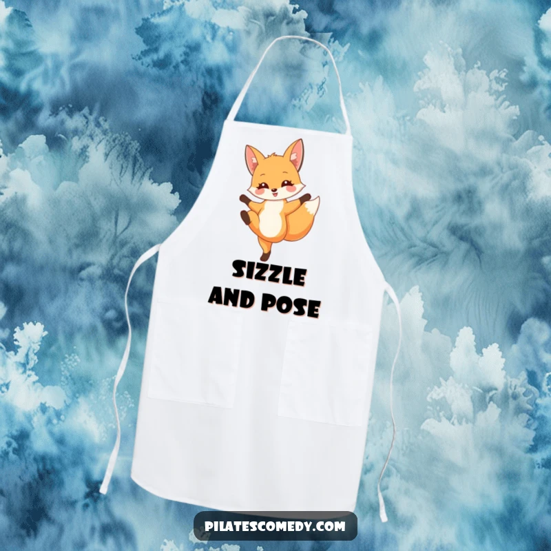 Funny fox apron with a delighted fox in a graceful leg extension pose, ideal for kitchen use and adding stylish humor.