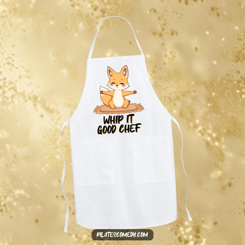 Funny fox wearing an apron, gracefully stretching on a mat while in the kitchen, adding humor.