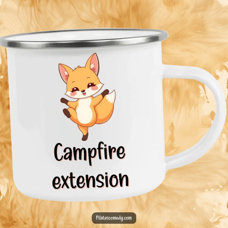 Funny fox camping mug depicting a delighted fox in a graceful leg extension pose, ideal for outdoor use and coffee lovers.