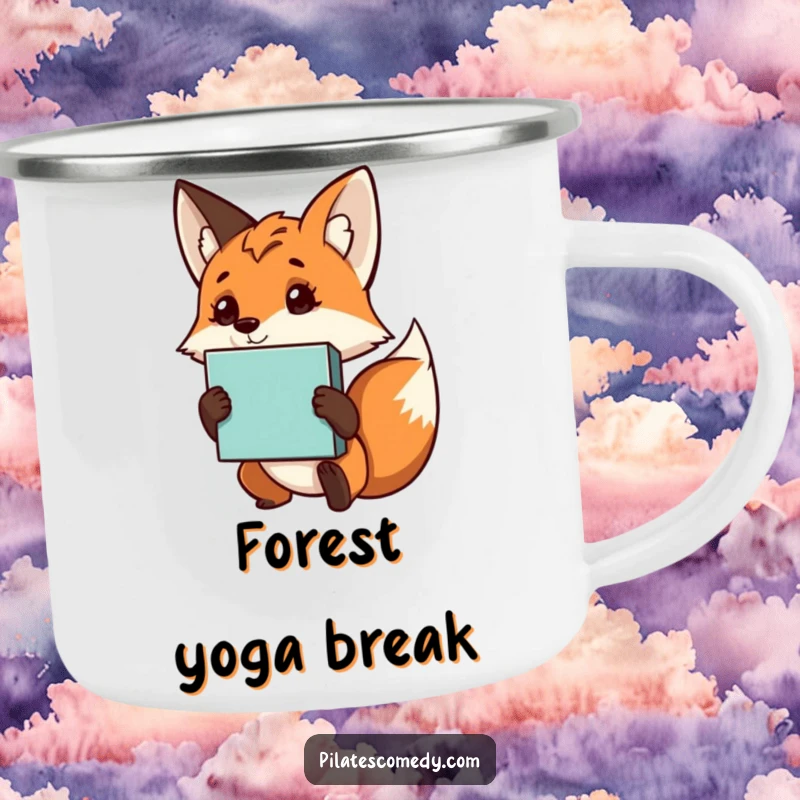 Funny fox camping mug with a curious character holding a yoga block, perfect for enjoying beverages outdoors with a mindful vibe.