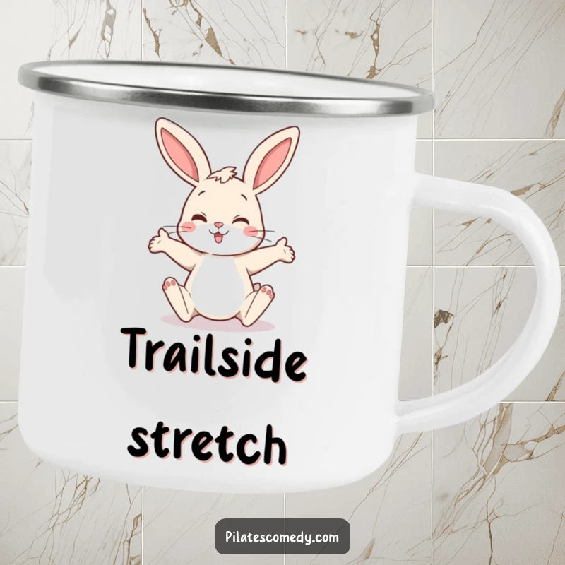 Funny bunny camping mug depicting a happy rabbit in a funny stretching pose, ideal for outdoor use and coffee lovers.