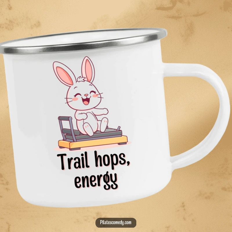 Funny joyful bunny character smiling, in a graceful pose on a Pilates reformer machine, on a sturdy camping mug.