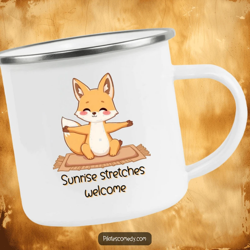 Funny fox illustration on an enamel camping mug, gracefully stretching on a mat, ideal for outdoor yoga.