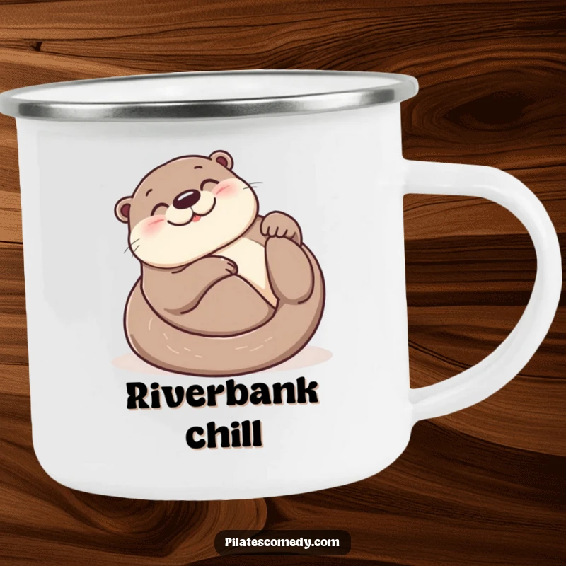 Funny otter camping mug depicting a smiling otter in a joyful roll on its back, ideal for outdoor use and coffee lovers.