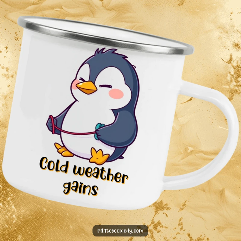 Funny penguin camping mug with a determined character using a resistance band, perfect for outdoor adventures and hot beverages.