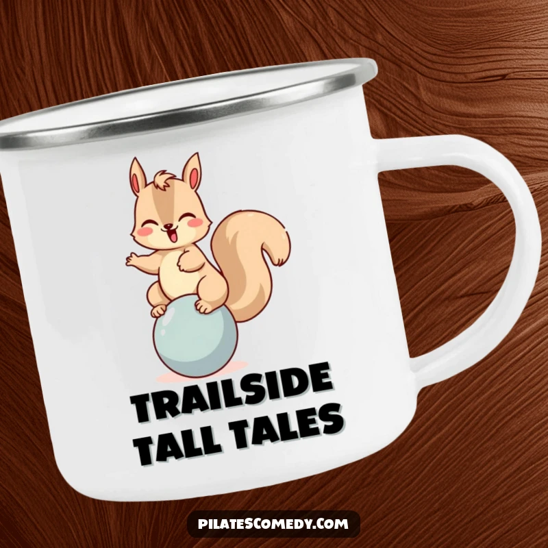 Funny squirrel camping mug with a giggling character balancing on a ball, perfect for enjoying drinks outdoors with a playful vibe.