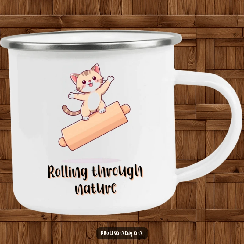 Funny cat illustration on an enamel camping mug, precariously balancing on a roller, ideal for playful outdoor fun.