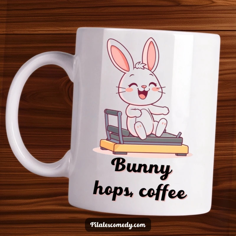 Funny joyful bunny character smiling, striking a graceful pose on a Pilates reformer machine, on a mug.