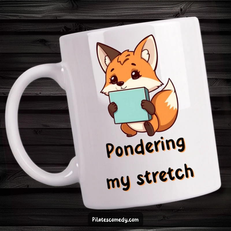 Funny fox mug with a curious expression, tilting its head while holding a yoga block, symbolizing mindfulness and humor.