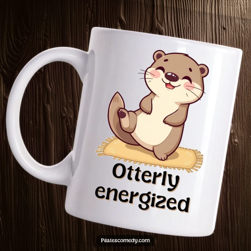 Funny happy otter character balanced on a yoga mat, stretching one leg upwards with a smile, on a mug.