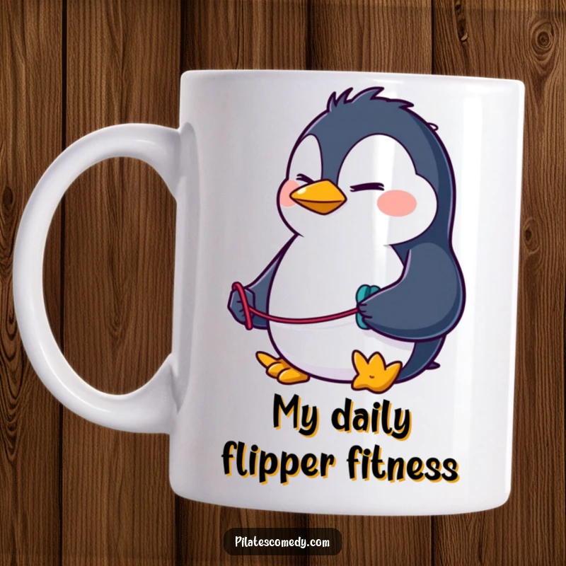 Funny penguin mug with a determined expression, stretching a resistance band, ready for a workout, perfect for gym lovers.