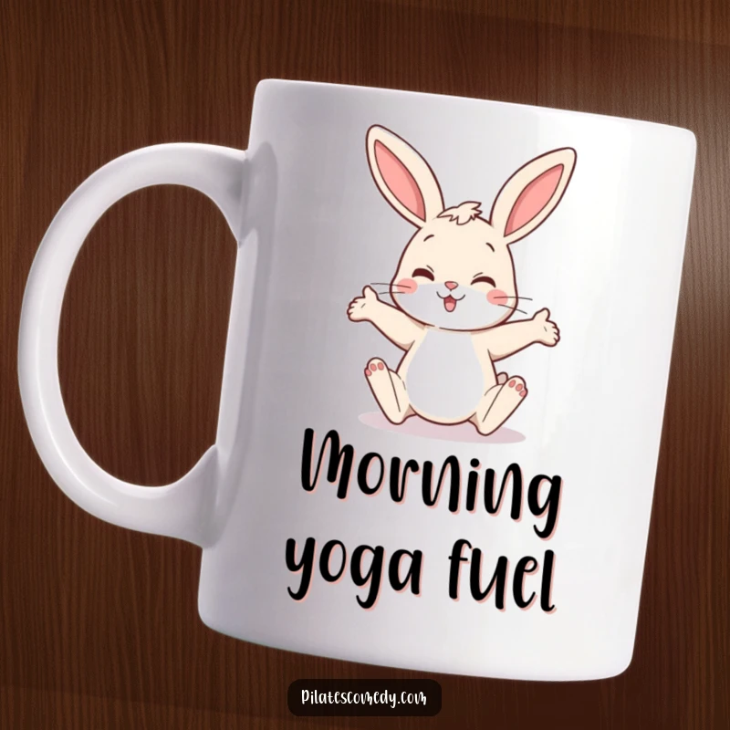 Funny bunny mug featuring a cheerful rabbit in a quirky, legs-out stretch pose, embodying morning silliness and yoga humor.