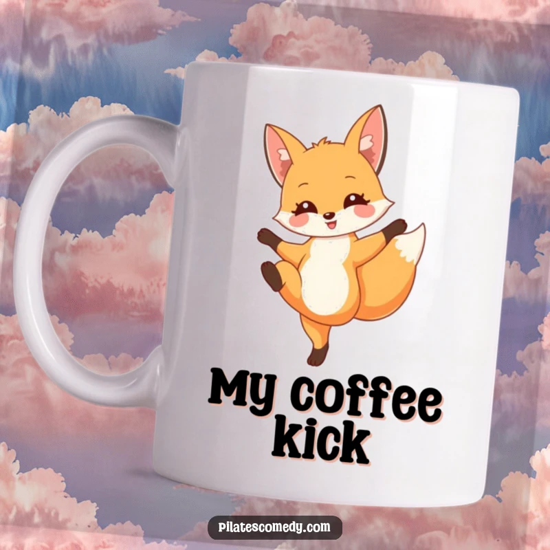 Funny fox mug with a delighted fox in a graceful, high leg extension pose, showcasing agility and whimsical charm.