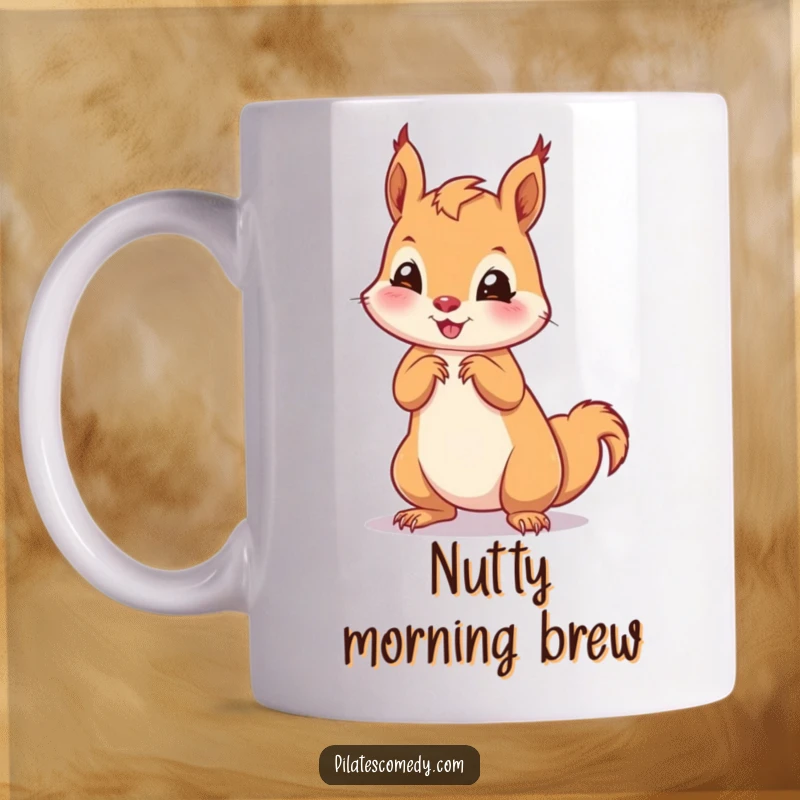 Funny squirrel mug with a playful squirrel holding a determined pose on all fours, ready for action and fun.