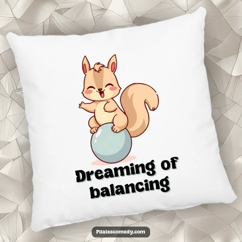 Funny squirrel pillow with a giggling character balancing on a ball, offering comfort and playful charm to any room.