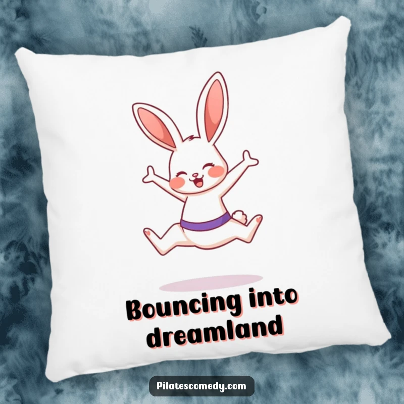 Funny bunny character on a plush pillow, performing a Pilates leap with a smile, perfect for energetic comfort.
