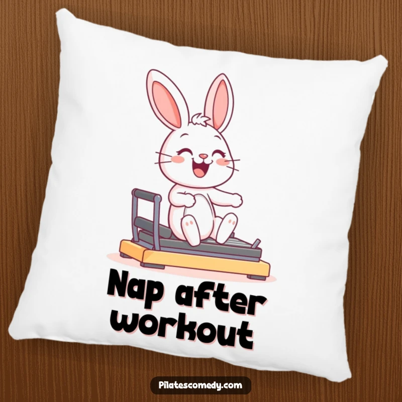 Funny joyful bunny character smiling, in a graceful pose on a Pilates reformer machine, on a soft decorative pillow.