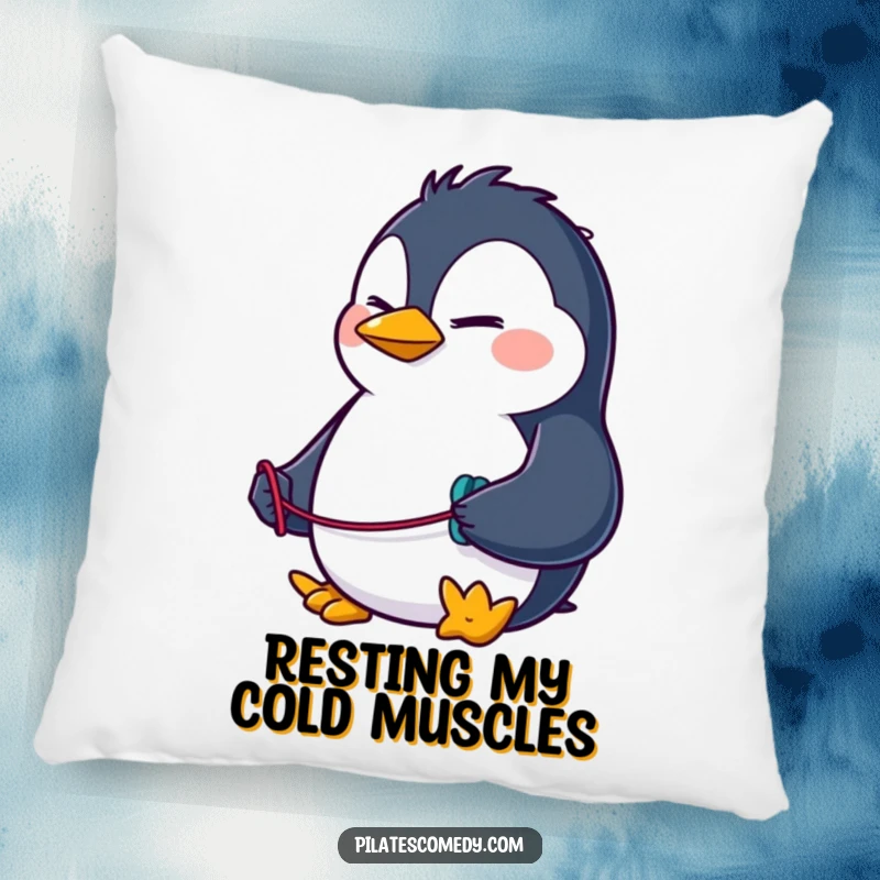 Funny penguin pillow featuring a determined character with a resistance band, offering comfort and humor for a fitness-themed room.
