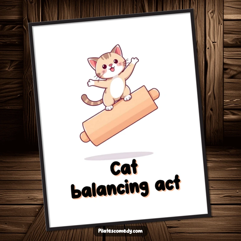 Funny cat artwork, printable digital art of a cat balancing on a roller, ideal for playful room decor.