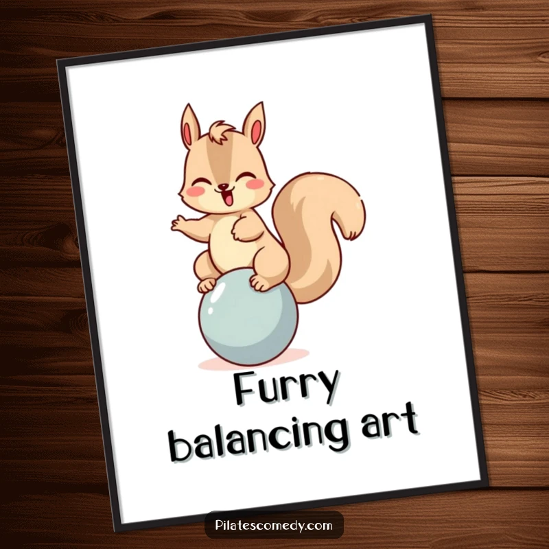 Funny squirrel digital art print of a giggling character balancing on a ball, perfect for adding whimsical and cheerful decor.