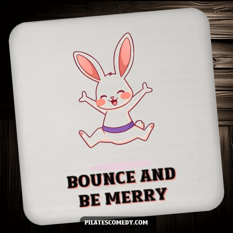 Funny bunny design on a drink coaster, doing a Pilates leap with a smile, protecting furniture.