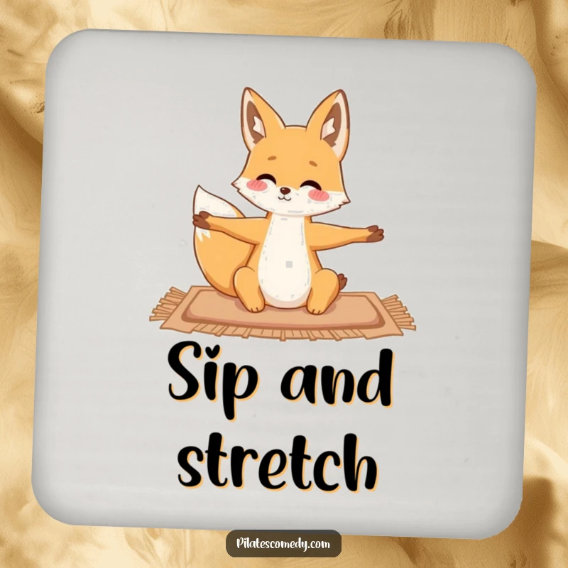 Funny fox design on a drink coaster, gracefully stretching on a mat, protecting furniture.
