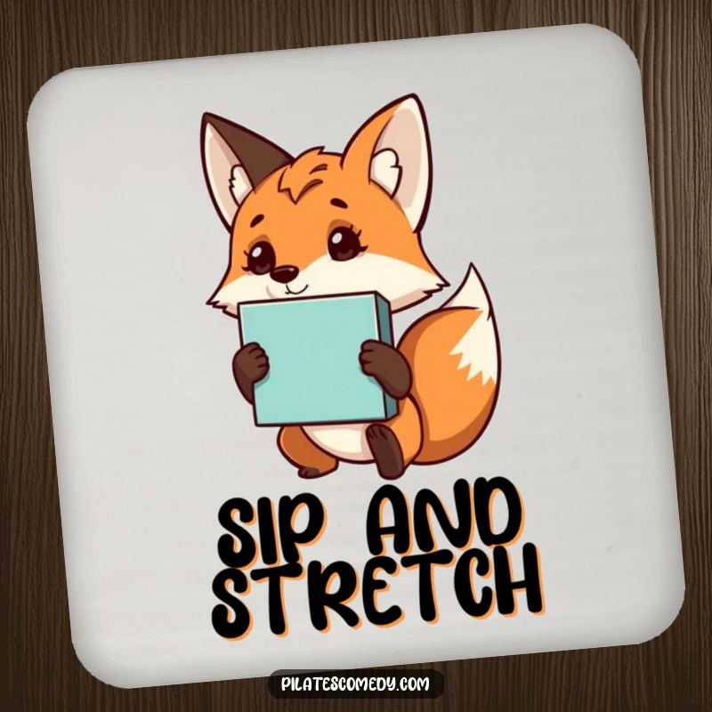 Funny fox coaster with a curious character holding a yoga block, protecting surfaces with a mindful and humorous design.