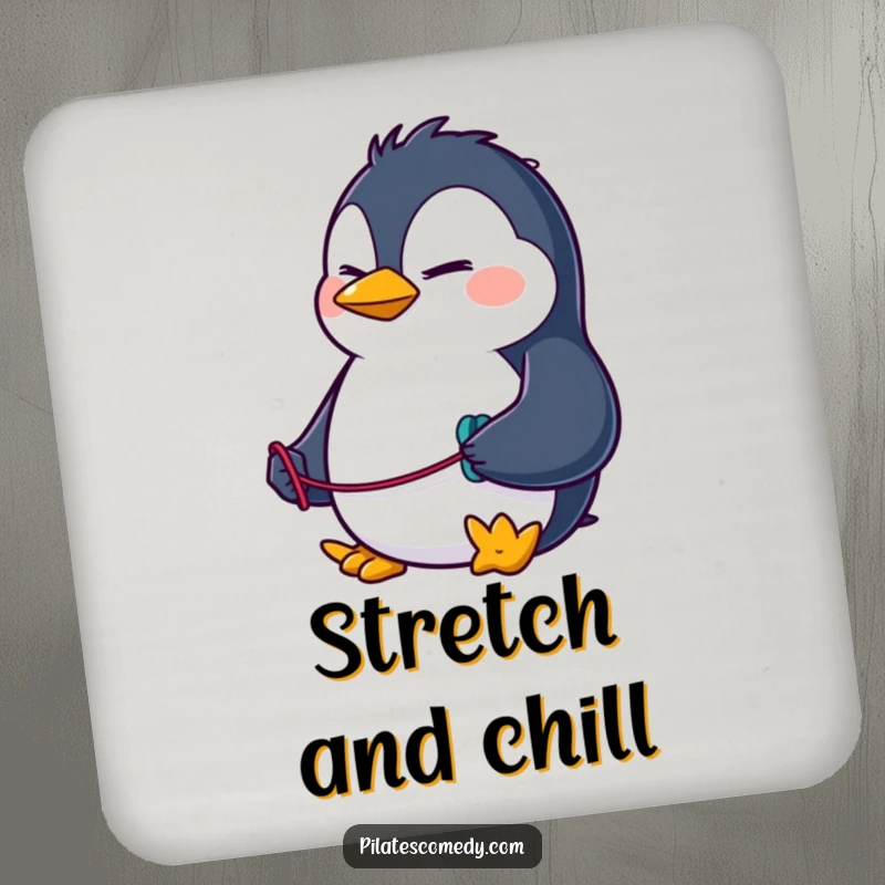 Funny penguin coaster with a determined character using a resistance band, adding a humorous touch to drink protection.