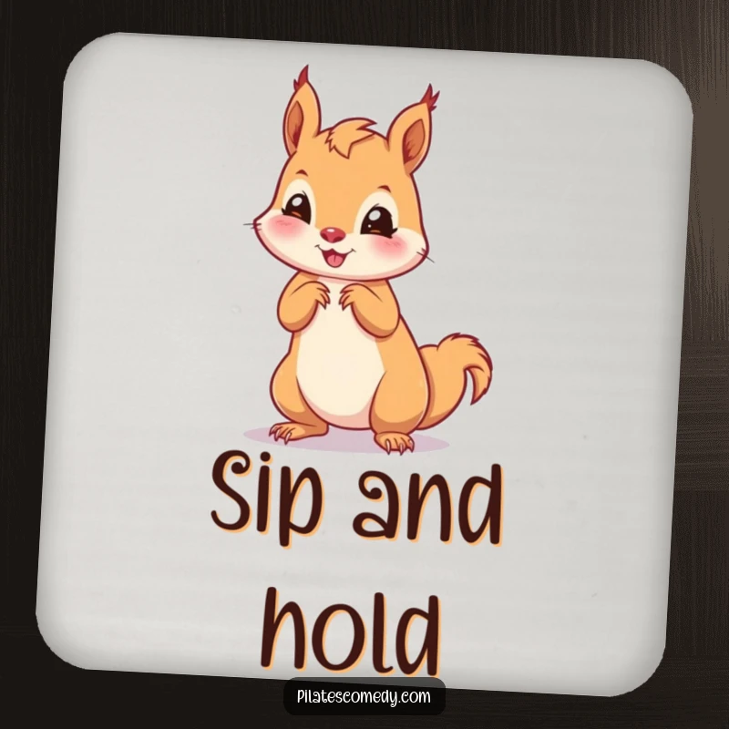 Funny squirrel drink coaster showing a playful squirrel in an on-all-fours pose, protecting furniture with cuteness and humor.