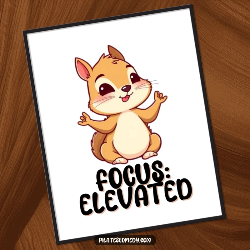 Funny squirrel in a challenging yoga pose, showcasing intense concentration, as a humorous art print for walls.