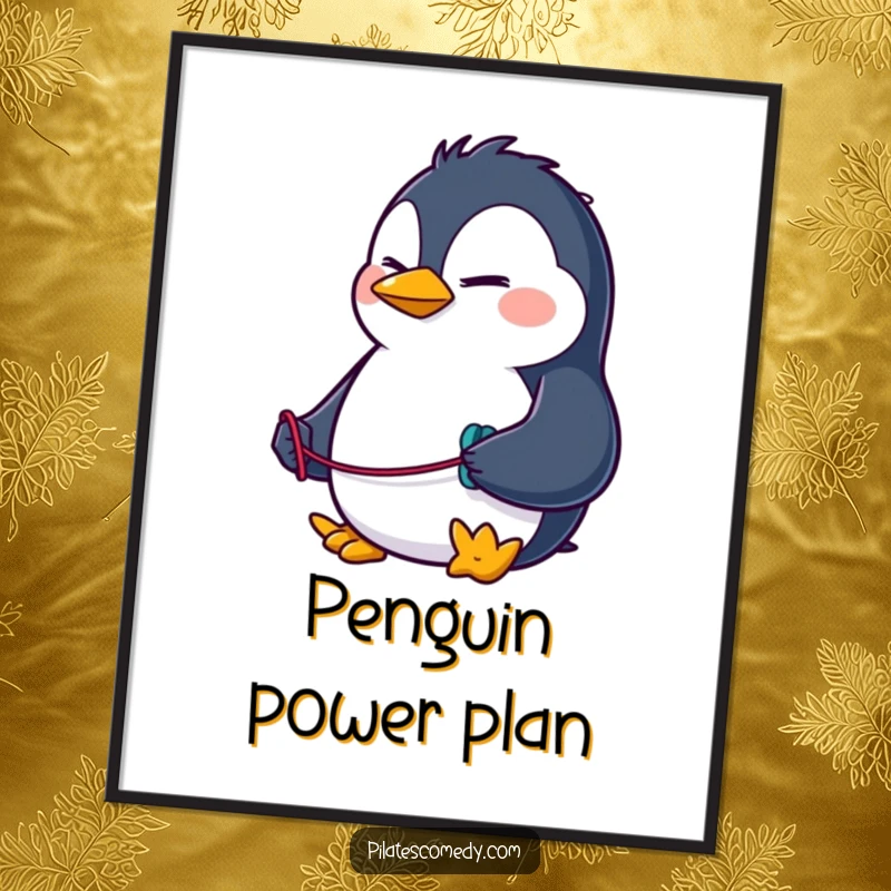 Funny penguin poster of a determined character using a resistance band, adding a humorous and motivational touch to home gym decor.