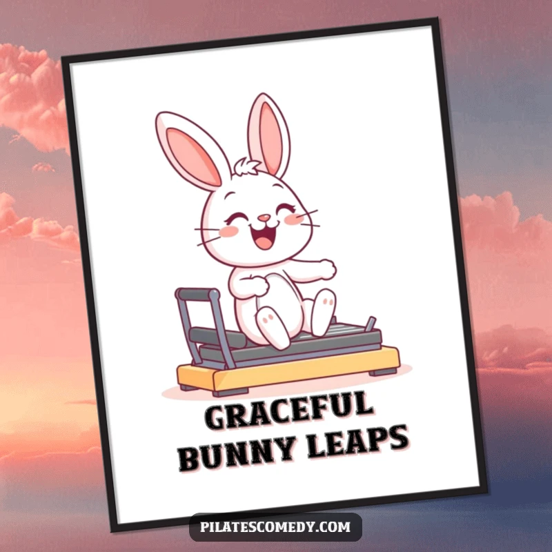 Funny joyful bunny character smiling, in a graceful pose on a Pilates reformer machine, displayed as wall art poster.
