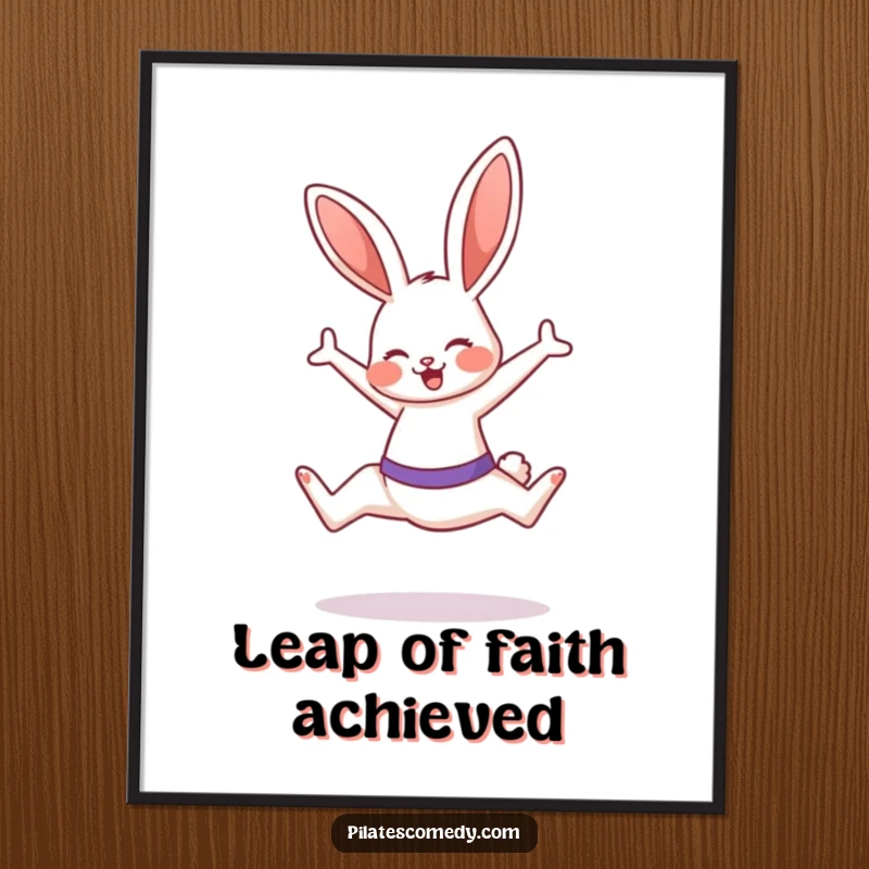 Funny bunny artwork on a poster, mid-Pilates leap with a huge smile, perfect for energetic fitness decor.
