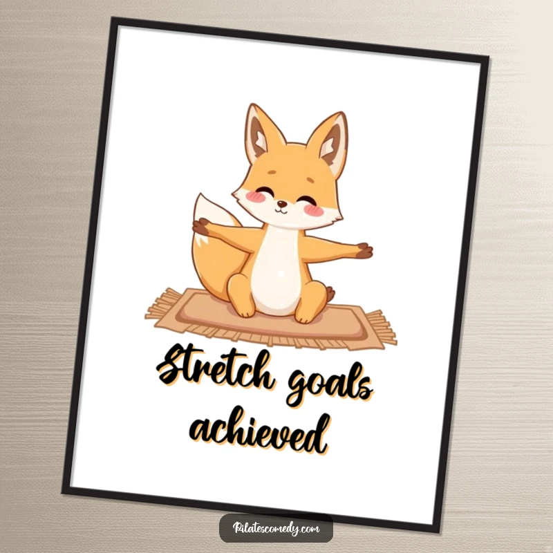 Funny fox artwork on a poster, gracefully stretching on a yoga mat, perfect for calming and inspiring yoga decor.