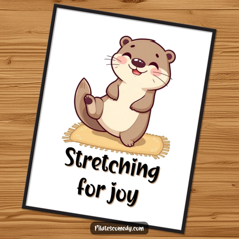 Funny happy otter character balanced on a mat, stretching one leg upwards, displayed as wall art poster.