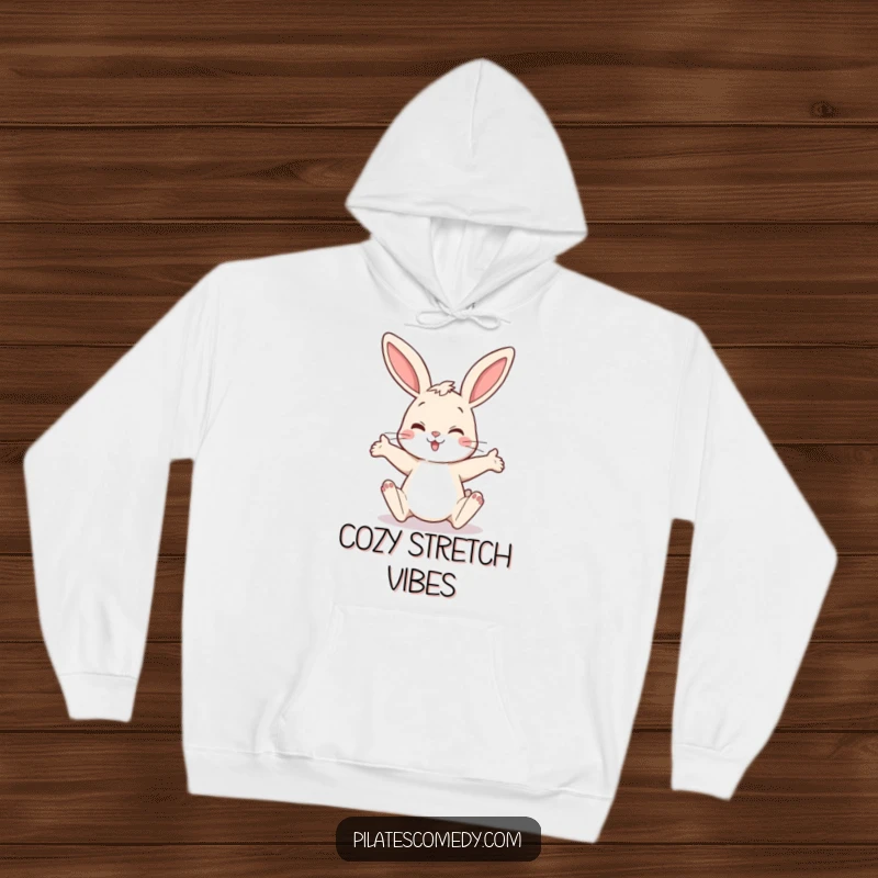 Funny bunny hoodie featuring a happy rabbit in a comical, full-body stretch, offering warmth and whimsical humor.