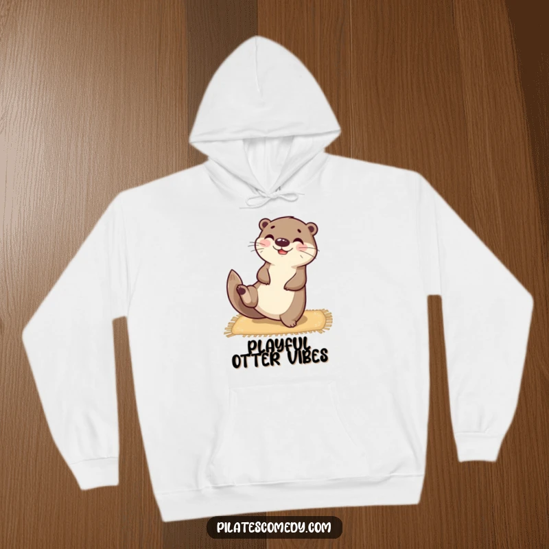 Funny happy otter character balanced on a mat, stretching one leg upwards, on a warm hoodie.