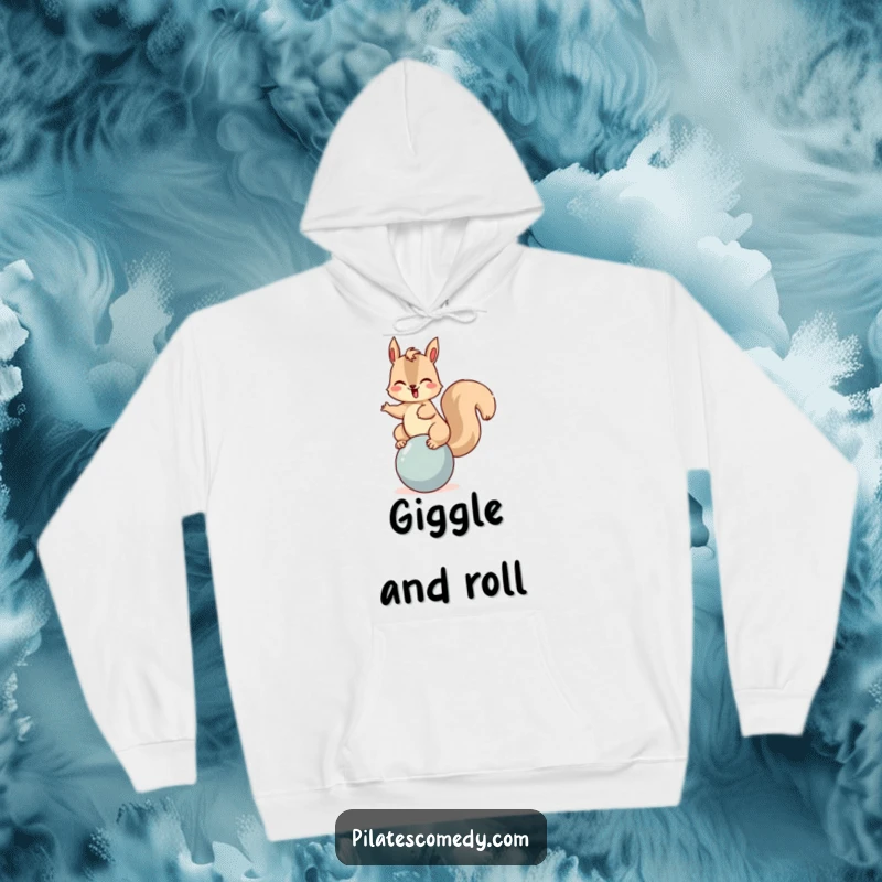 Funny squirrel hoodie featuring a giggling character balancing on a ball, perfect for cozy days filled with laughter and fun.
