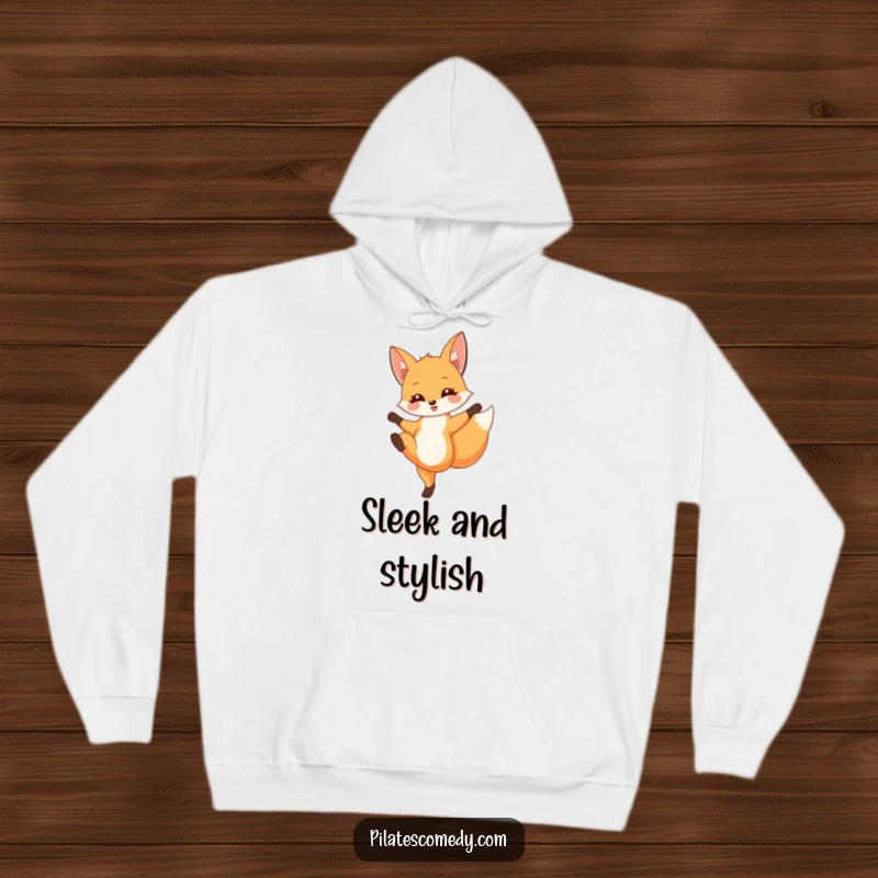 Funny fox hoodie featuring a delighted fox in a graceful leg extension, offering warmth and sophisticated animal humor.