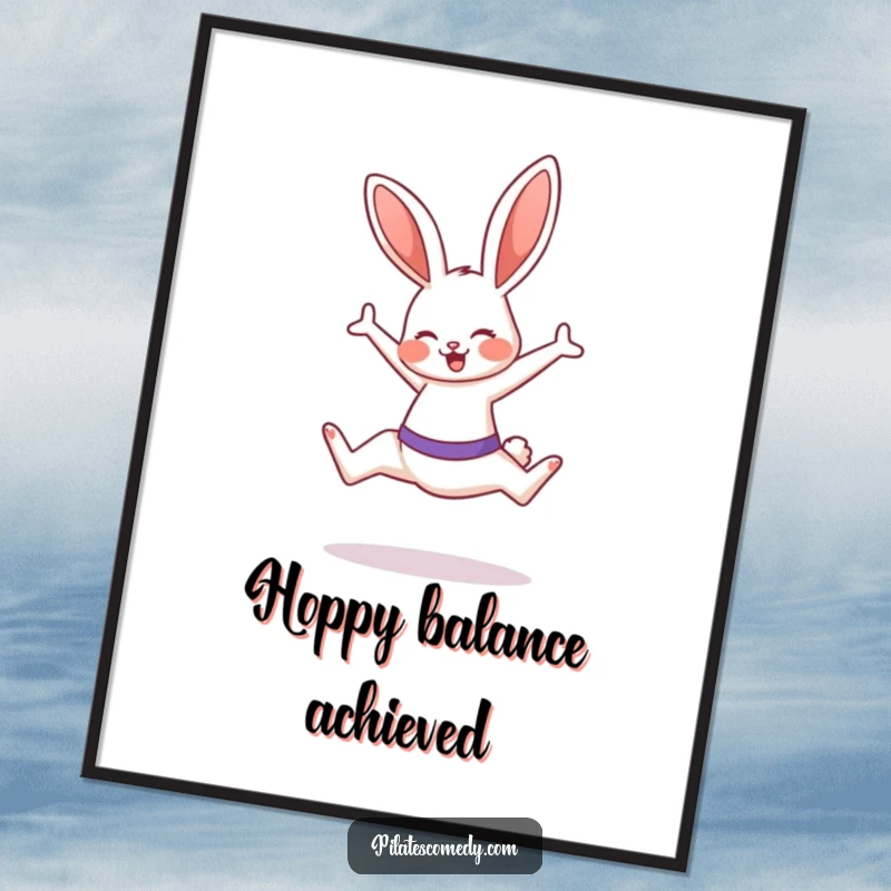 Funny free printable wall art of an energetic bunny doing a Pilates leap with a wide smile, inspiring movement.