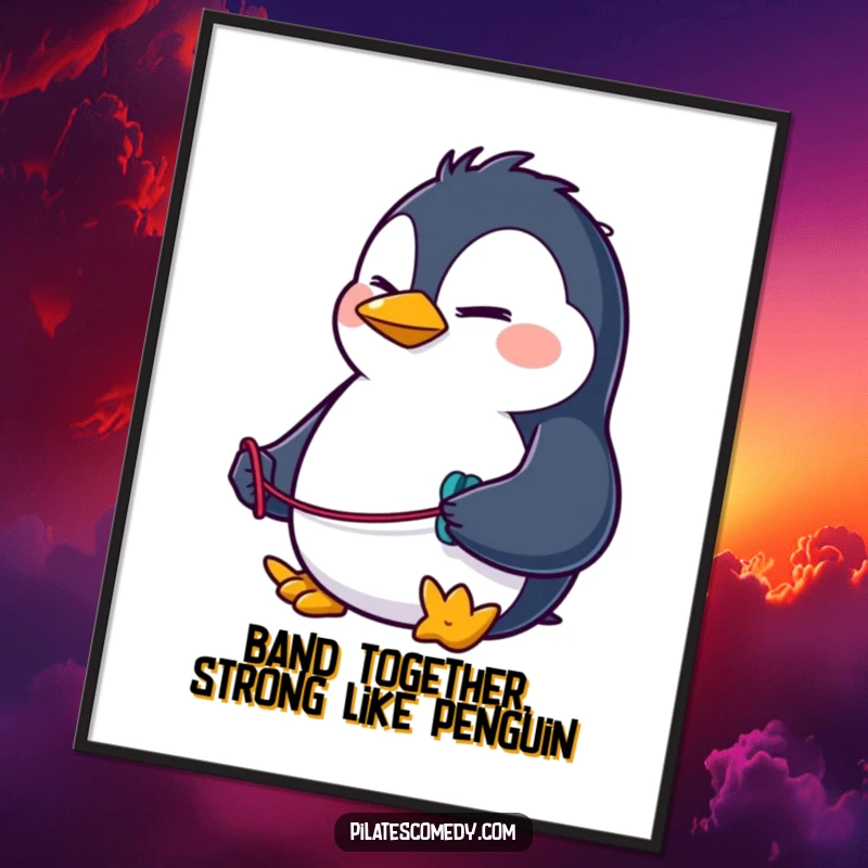 Funny Free Printable Wall Art: Determined penguin character with a small resistance band, embodying workout motivation.