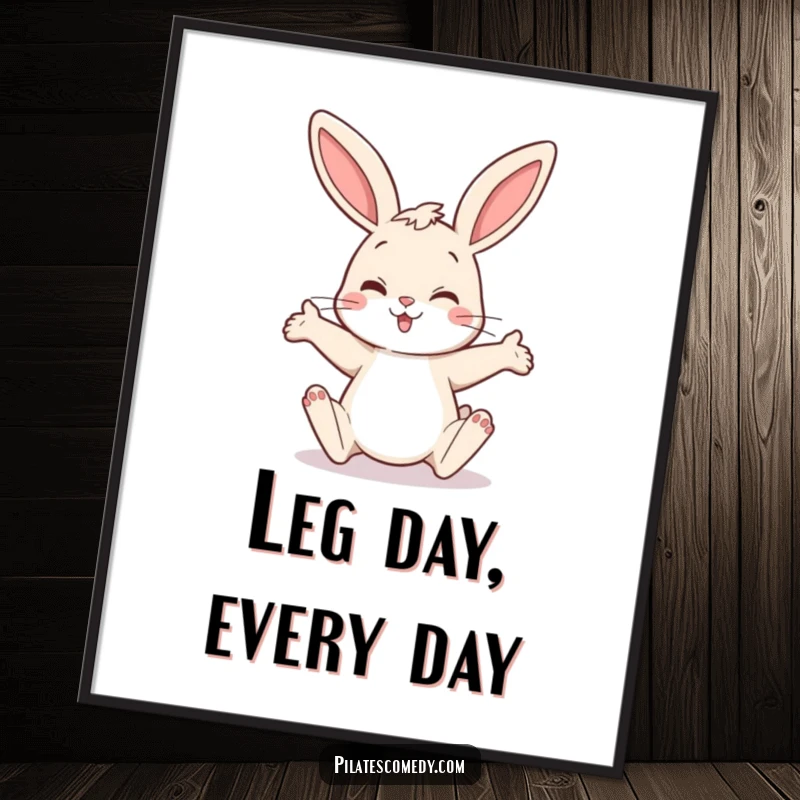Funny Free Printable Wall Art: A cheerful bunny in a comical, flexible leg-stretching pose, bringing joy.
