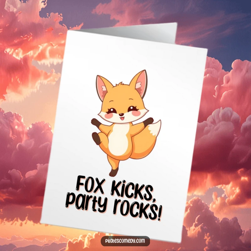 Funny Free Printable Birthday Card: A delighted fox performing a dramatic leg extension, elegant yet comedic.
