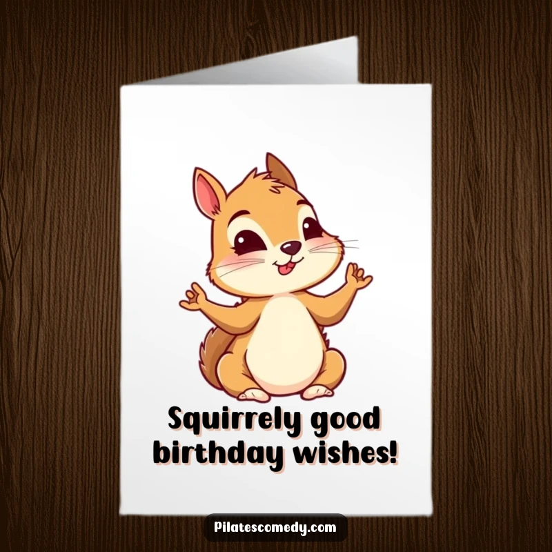 Funny Free Printable Birthday Card featuring a squirrel in a yoga pose, looking intensely focused and ready to celebrate.