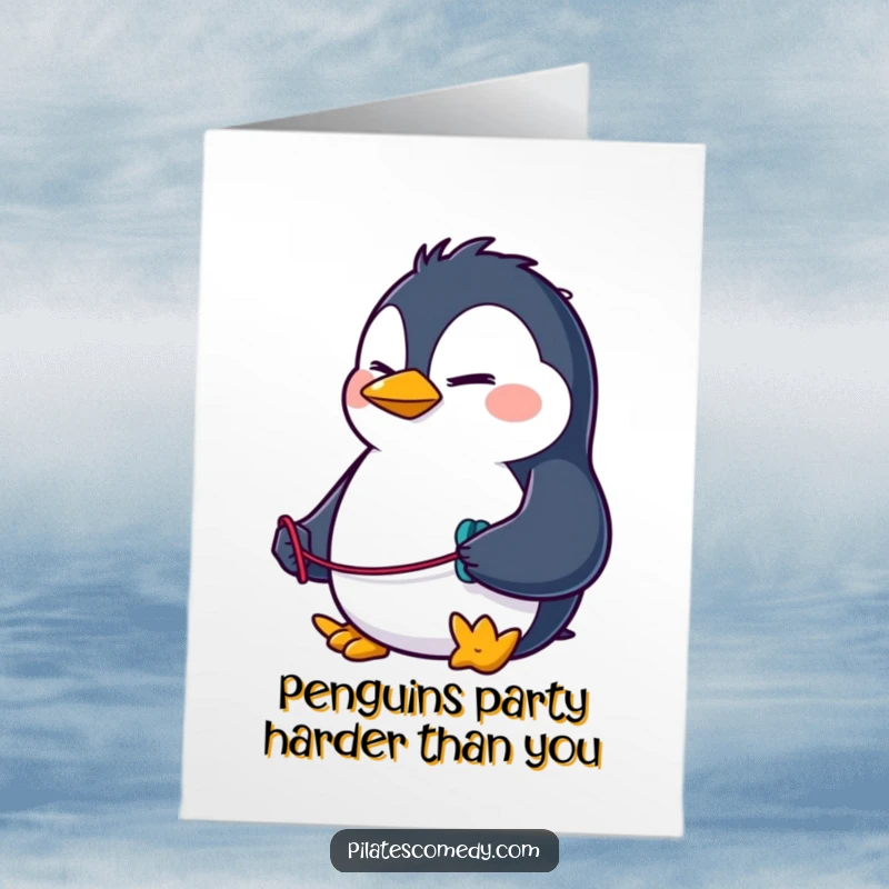 Funny Free Printable Birthday Card: Determined penguin in workout gear, resistance band in flipper, ready for a fitness challenge.