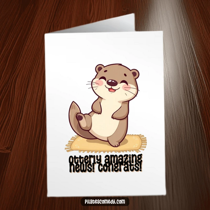 Funny Free Printable Congratulations Card: A happy otter balances on a mat, stretching a leg upwards.