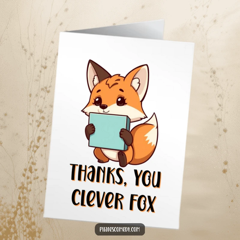 Funny Free Printable Thank You Card: Curious fox with tilted head, holding a yoga block, offering thanks.