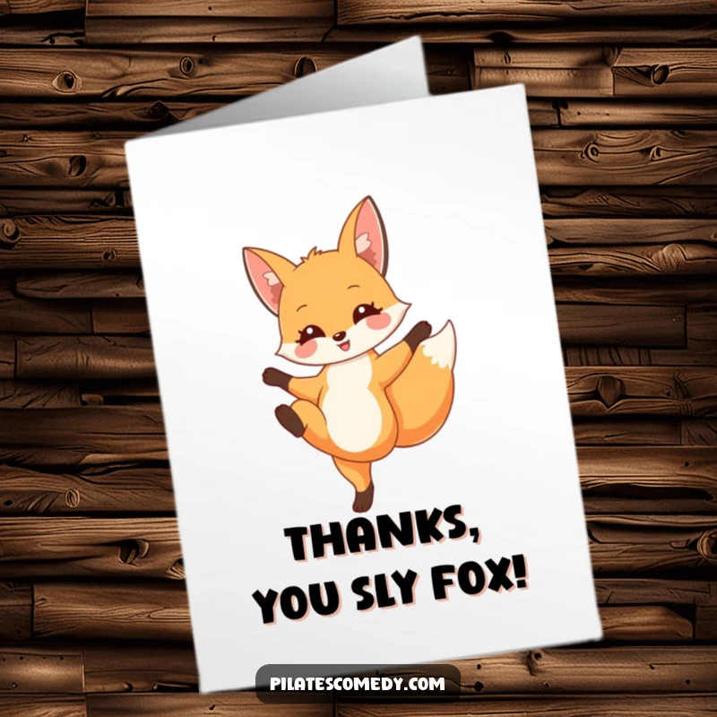 Funny Free Printable Thank You Card: A delighted fox pulling off a graceful leg extension, adding humor.
